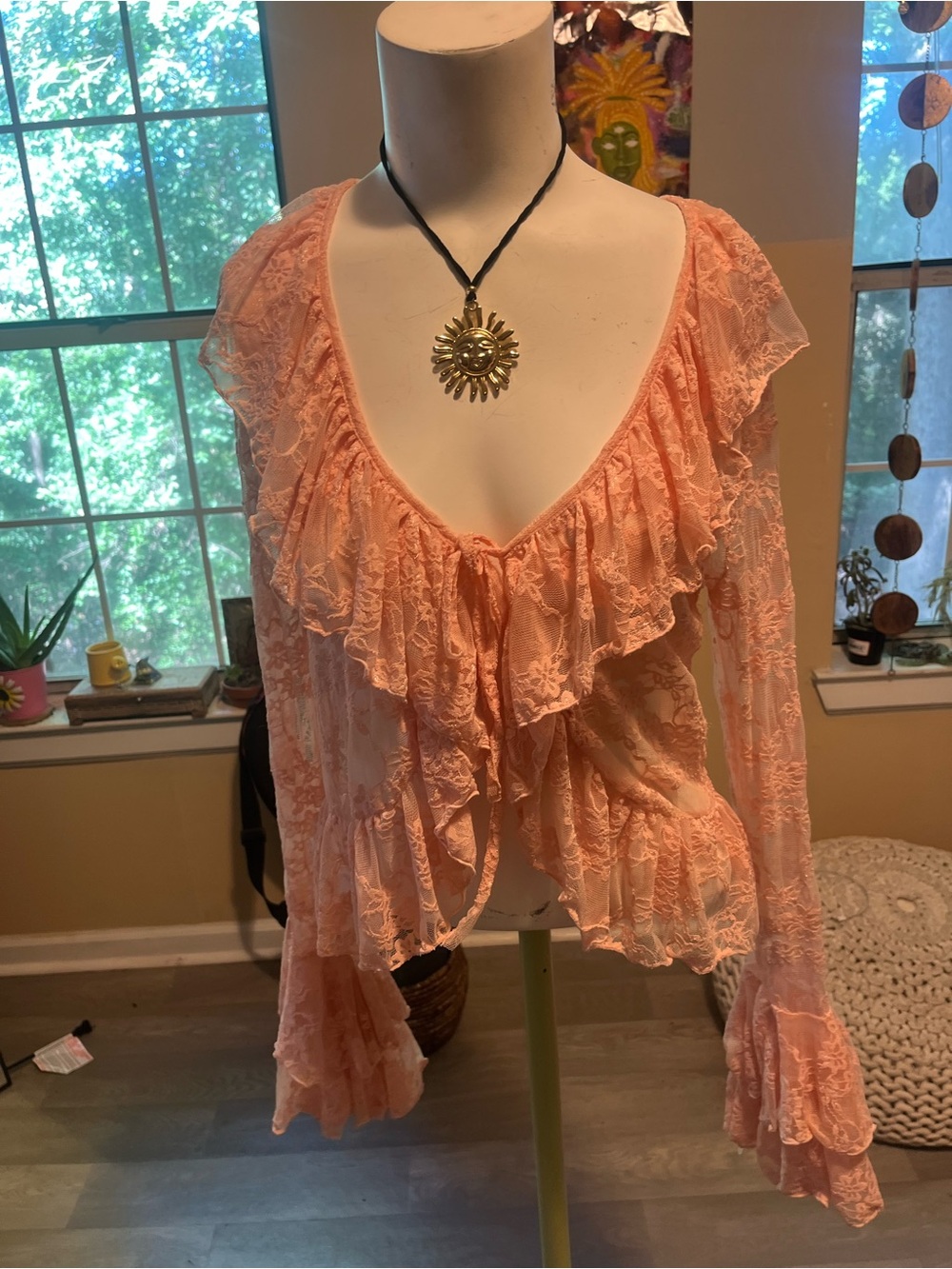 Kaelyn Max Peach Lace Ruffle Women's Blouse - Lightweight Romantic Top